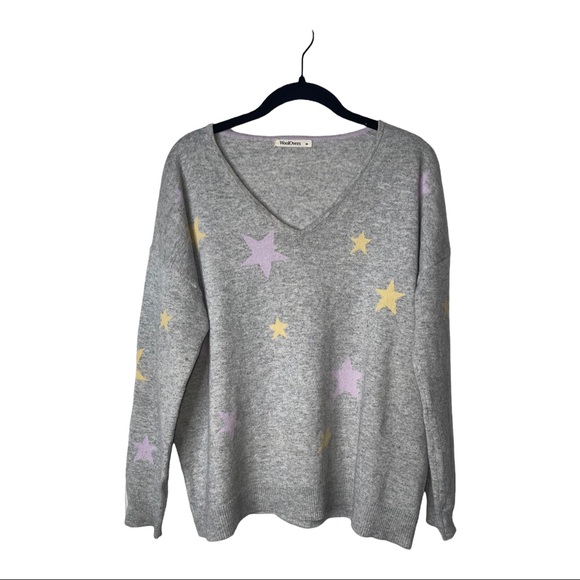 WOOL OVERS Gray Purple Yellow Star Print Merino Wool Cashmere V Neck Sweater M - Picture 1 of 5